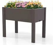 Costway Raised Garden Bed, Self-Watering Planter Box with Water Level Indicator, Drainage Hole & Detachable Space Dividers, Outdoor Plastic Flower Container for Vegetables, Fruits & Herbs (Coffee)