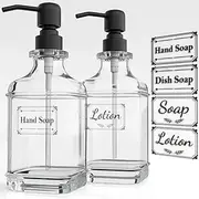 Soap Dispenser 2 Pack, 18 Oz Antique Design Thick Glass Hand Soap Dispensers with 304 Rust Proof Stainless Steel Pump 4 Clear Stickers for Bathroom Kitchen