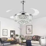42" Silver Remote Invisible Ceiling Fans Lamps Crystal LED Chandeliers Lighting
