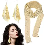 [LOGANZ] Disco Accessories Set - Sequin Scarf and Sequins Tassel Long Drop Dangle Earrings - Party Outfit, 70s Accessories for Women Girls