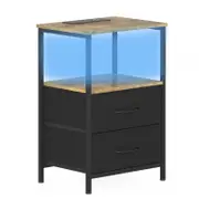 Advwin LED Bedside Table with Charging Station 2 Fabric Drawers Nightstand Black Drawer & Brown Top