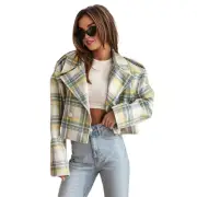 Women Checkered Coat Lapel Collar Jacket Stylish Plaid Print Women's Cardigan