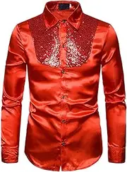 [HanzhuoLG] Men's Shirt Sequins Show Nightclub Menswear Host Master of Ceremonies Cross Border Men's Rollneck Long Sleeve Shirt S09 red Medium
