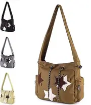 [AZURAOKEY] Y2K Star Messenger Bag Aesthetic Canvas Crossbody Bag, Cute Tote Bags Kawaii Zipper Shouder Bag for Women