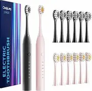 CindyLary 2 Pack Electric Toothbrush Set, Comes with 12 Brush Heads & 2 Electric Toothbrush,5 Modes with 2 Minutes Built in Smart Timer, One Charge for 60 Days, 38000 VPM Motor,Black and Pink.
