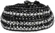 [JewelryWeb] Black Aurora Borealis Grey Crystal Bead and Leather Multi wrap Bracelet Jewelry for Women