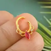 18k Solid Gold Crescent Ruby & Diamond Septum Daith Ring/Nose Ring 16G