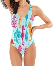 [RPLIFE] Cute Seahorse Coral Womens One-Piece Bathing Suit, Open Back Swimsuit Basic One-Piece Swimsuit