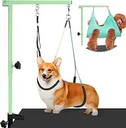 Dog Grooming Arm with Pet Grooming Hammock, getlstub 35" Pet Grooming Table Arm with Adjustable No Sit Haunch Holders, Dog Grooming Stand with Loop Noose for Small and Medium Pets, Green