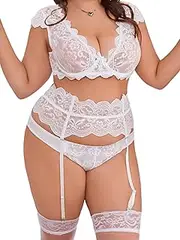 [Donnalla] Plus Size Lingerie Sets for Women Sexy Matching Bra and Panty Sets Lace Lingerie Set with Garter Belt and Stockings