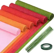 Crepe Paper - 6 Rolls, Red, 10 Inch Wide, Streamers, Flower Making Kits, Green Floral Tape and Floral Stem Wire for Wedding, Festival, Party, DIY Flower Crafts