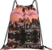JEJEA Los Angeles Palm Trees Print Drawstring Backpack Waterproof Back Bag Cinch Bags Swim Gym Travel Bag For Men Women, White, One Size
