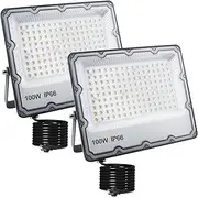 100W LED Flood Lights Plug in, Security Wall Lights Fixtures 6500K 10000LM Outdoor Indoor Illumination, IP66 Waterproof for Ball Ground, Parking Lot, Pathway, Yard, Garden (2 Pack)