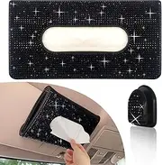 Car Sun Visor Tissue Box Holder,Dermasy Hanging Car Sparkly Crystal PU Leather Napkin Case Holder Bling car Accessories for Women and Ladies (Black)