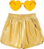 [Fengyue] Girls Metallic Shorts Sparkly Hot Festaval Outfit With Hear-Shaped Same Color Sunglasses