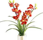 Calcifer 2 Stems Artificial PU Cymbidium Orchid Bouquets Artificial Flowers with 1 Bouquet Leaves for Hotel Home Party Wedding Decoration (Orange)