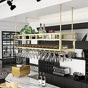 Bar Shelves Wine Rack Wall Mounted Liquor Bottle Display Shelf with Wine Glass Rack and Light Floating Mini Bar Alcohol Cabinet for Home Bar Kitchen Dining Room(Color:Gold,Size:80