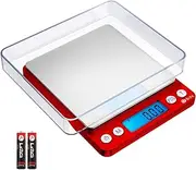AMIR Digital Kitchen Scale 500g/ 0.01g Pro Cooking Scale with Back-Lit LCD Display Accuracy Pocket Food Scale 6 Units Auto Off Tare PCS Function Stainless Steel Batteries not Included (Red)