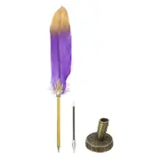 Feather Pen Quill, Feather Ballpoint Pen with Bronze Pen Holder, Purple