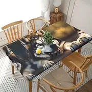 5 Foot Rectangle Elastic Fitted Tablecloth, Waterproof Edged Great for Picnic Party Outdoor Patio,Cute Husky