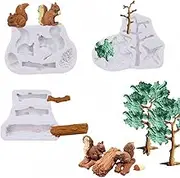 3Pcs/Set Forest Animal Silicone Fondant Molds Squirrel Chocolate Candy Mould Lumberjack Woodland Stump Pine Cones Wooden Tree Trunk Polymer Clay Molds Cake Decorating Tools