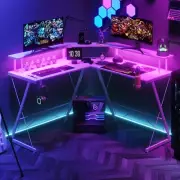 Gaming Desk with Monitor Shelf, Large PC Computer Desk with LED Lights,