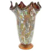 GlassOfVenice Murano Glass Millefiori Gold Fazzoletto Vase - Red