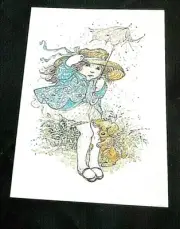 Vintage Young Girl-Dog-Get Well-Current Card-New #2118