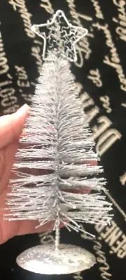 Vtg Tin Metal Wire Xmas 8.5" Silver Glitter Bottle Brush Tree Star Figurine