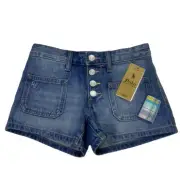 Polo Ralph Lauren Girls Patchwork Cotton Blue Denim Shorts Multi Patch Sz 7 NWT