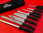 Grill Society Deluxe Knife Set with Carry Case – 8 Piece Kitchen Set with Chef Knife, Santoku, Bread, Fillet, Ham, Paring Knives, Shears, Sharpener, BBQ Accessories & Kitchen Tools