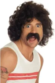 Men`s Brown Wig and Tash Set 80s Curly Hair & Moustache for Retro Disco Costume