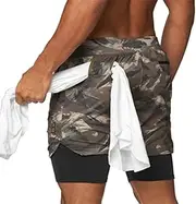 [MECH-ENG] Men's 2-in-1 Running Training Shorts Quick Dry Gym Workout Exercise Shorts with Towel Loop