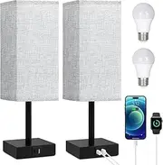 Bedside Table Lamp with USB Ports - Set of 2 Touch Control Lamp for Bedroom with USB C+A Charging Ports, 3 Way Dimmable Nightstand Light for Living Room Office, LED Bulb Included (Grey)