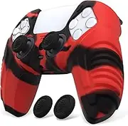 PlayVital Raging Warrior Edition Controller Protective Case Cover for PS5,Rubber Protector for PS5 Wireless Controller, Soft Silicone Skin for PS5 Controller with Thumbstick Caps - Red & Black