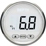 ELING 2'' Depth Gauge 52mm Digital Depth Indicator Meter with Transducer with White Backlight 12Volts for Yachts Ships Boats (White+Stainless Steel)