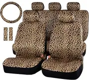 AUTOFAN Leopard Car Seat Covers Full Set with Steering Wheel Cover 2 Seat Belt Pads, Cheetah Print Seat Covers for Cars for Women,Airbag Compatible,Universal Fits for Cars,SUV,Truck
