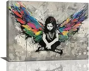 Banksy Wall Art Girl Wings Pictures Street Graffiti Canvas Wall Decor Vintage Kids Aesthetic Painting Pop Home Modern Artwork Decorations Framed for Living Room Bedroom Bathroon Office 16 x 12 inch