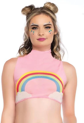 Leg Avenue Rainbow High Neck Mesh Crop Top Pink Small