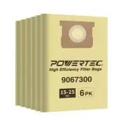 POWERTEC 90673 Bags for Shop Vac Type J 9067300 Filter Bags, 15-25 Gal - 6PK