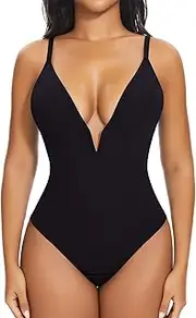 [Joyshaper] Women Tummy Control Bodysuit Sexy V Neck Push Up Body Shaper Slimming Leotard Sculpting Thong Bodysuit Tops