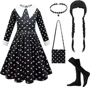 YIMOJOY 5-Piece Wednesday Costume Children's Set, Wednesday Addams Costume Girls with Wig, Gothic Black Dress, Children's Carnival Costume, Cosplay, Halloween Party Outfit (M)