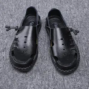 【ANSEL】涼鞋 真皮涼鞋/真皮復古拼接手工縫線束帶造型涼鞋 - 男鞋 黑