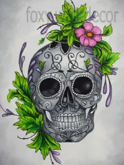 Framed Canvas Street art skull flower ready to hang grey painting wall decor