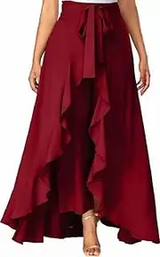 [OSNICA] Solid Ruffled Wrap Maxi Skirt with Attached Casual Palazzo | Rayon Ruffle Palazzo Pants Flare Skirt,Loose Pants Skirt Wide Leg Trousers (Brown)