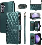 [Asuwish] Phone Case for Samsung Galaxy S23 FE 5G Zipper Wallet Cover with Tempered Glass Screen Protector and Flip Card Holder Slot Protective Mobile Cell Accessories S 23 EF S23FE 23S Women Men Green