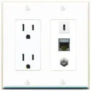 3 Port Power Outlet Cover Plug Jack UL 2 Gang CAT7 COAX USBC Wall Plate