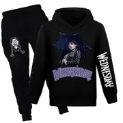 Wednesday The Addams Family Print Kids Tracksuit Set Girls Casual Hooded Sweatshirt Jogger Pants Outfit Activewear -NMAOV Black 9-10 Years