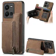 Foxdock Case For VIVO Y35 4G Stand Function Vintage Zipper Wallet Foldable Back Cover Brown