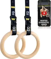 Double Circle Wood Gymnastic Rings with Quick Adjust Numbered Straps and Exercise Videos Guide for Full Body Workout, Crossfit, and Home Gym